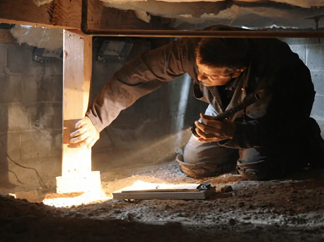 A professional inspecting wooden beams under the floor of a structure in Kansas City, MO