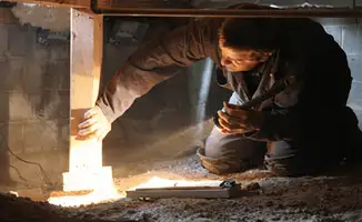 A professional inspecting wooden beams under the floor of a structure in Kansas City, MO
